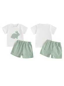 Baby Toddler Boy Easter Outfit Bunny/Carrot Truck Short Sleeve T-Shirt Striped/Plaid Shorts 2 Piece Outfit - White - View 3