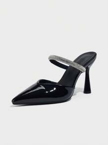 女士高跟鞋，舒适简约设计，带水钻装饰，尖头，时尚百搭一脚蹬，时尚防滑日常穿着凉鞋