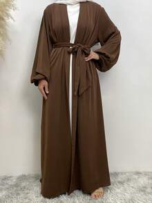 Fashion Arabian Robe With Pocket Elastic Cuff Daily Wear Modest Abaya - Coffee Brown - View 4