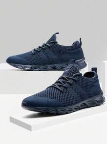 男士网面透气运动鞋，系带平底鞋，训练鞋，网球鞋，步行鞋，舒适轻便，深蓝色，非常适合搭配休闲牛仔裤和运动装。 - 藏蓝色 - 查看 3