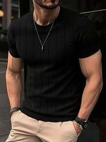 Men's Solid Color Short Sleeve Knit Vertical Striped Crew Neck Top, Old Money Style