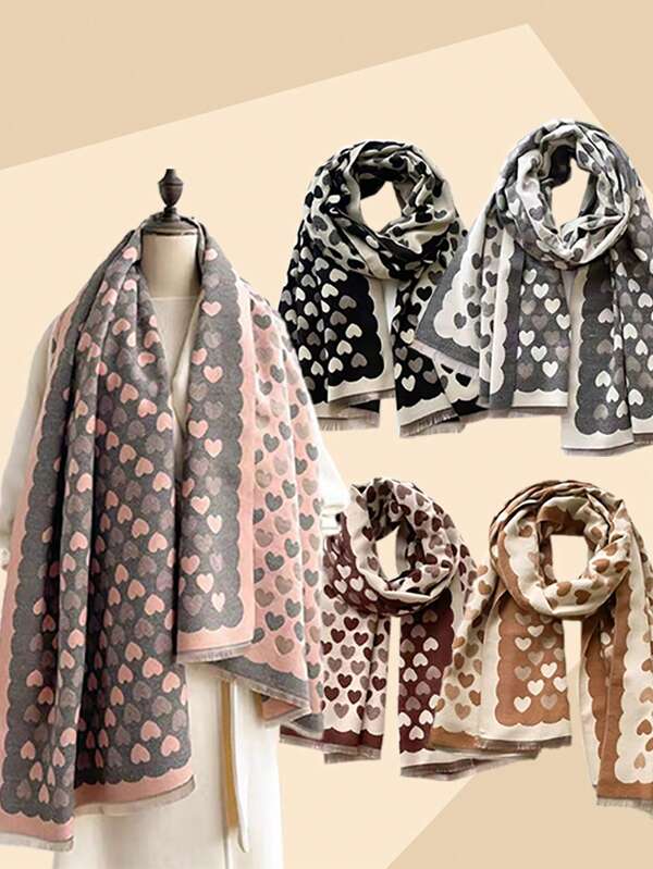 Elegant Minimalist All-Over Heart Pattern Jacquard Imitation Cashmere Warm Scarf For Women, Fashionable & Versatile Daily Accessory, Casual Air Conditioning Shawl, Polyester, All Season
