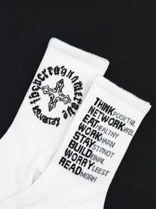 5 双随机款式男士中筒袜，时尚字母和数字印花，男女通用运动袜，白色，秋季 - 白色 - 查看 7