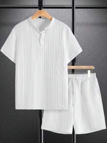 Men's Comfortable Jacquard Fabric Polo Collar Short Sleeve Top And Drawstring Shorts 2 Pieces Casual Set