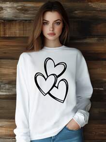 Women Valentine's Day Love Heart XOXO Letter Lip T-Shirt Fashion Print Long Sleeve Round-Neck Loose Fit Tops Streetwear - White - View 1