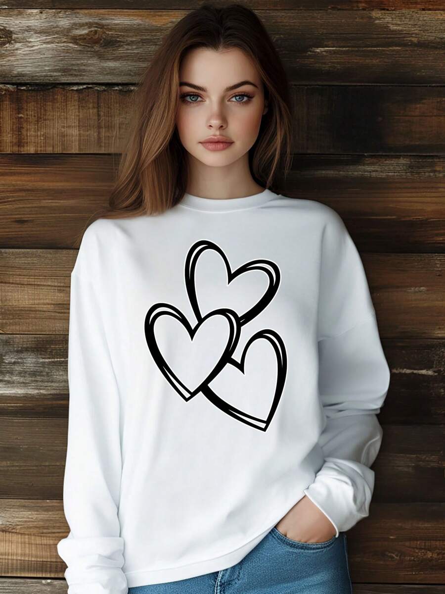 Women Valentine's Day Love Heart XOXO Letter Lip T-Shirt Fashion Print Long Sleeve Round-Neck Loose Fit Tops Streetwear - White - View 1