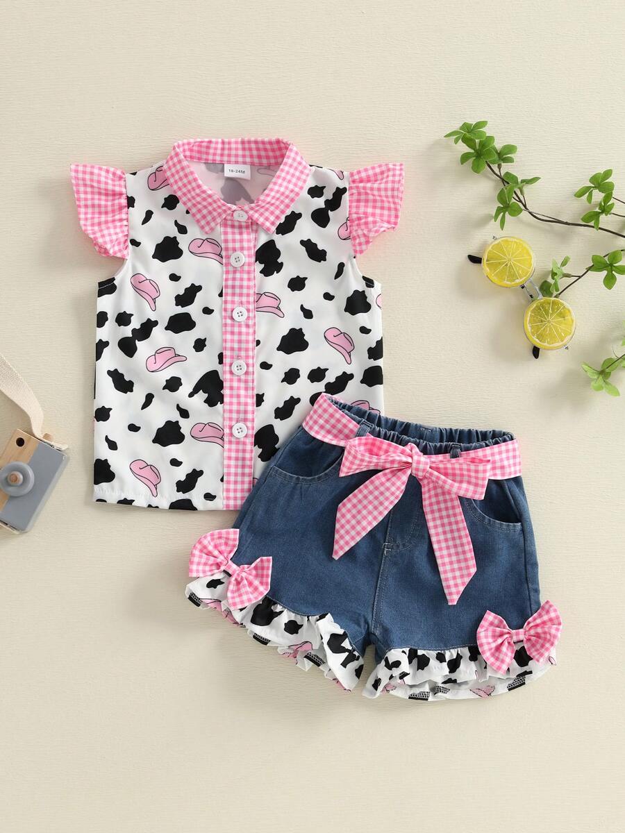 Conjunto de 3 piezas de verano para niña pequeña y niña pequeña: camisa de botones de manga de vuelo con estampado de vaca, pantalones cortos de mezclilla con volantes y cinturón - Rosa - Ver 1