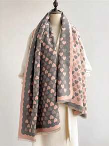 Elegant Minimalist All-Over Heart Pattern Jacquard Imitation Cashmere Warm Scarf For Women, Fashionable & Versatile Daily Accessory, Casual Air Conditioning Shawl, Polyester, All Season