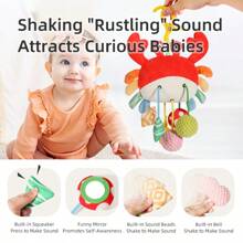 1pc Baby Plush Pull/Push Sensory Toy, Includes Crab & Chick Shaped Fabric Toys With Teether, Mirror, Bell, Suitable For Crib, Stroller, Car Seat, Multi-Textural Experience, Early Educational Development Gift For Baby Boys And Girls (Some Accessory Colors Randomly Assorted)