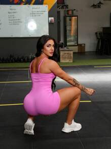 Seamless High Waist Ribbed Sports Gym Yoga Butt Lifting Jumpsuit L610 - 玫紅色 - 查看 2