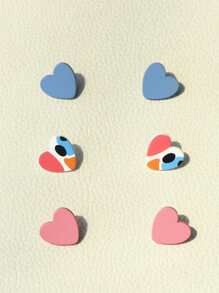 3 Pairs Acrylic Glazed Printed Heart Earrings, Romantic For Girls, Blue And Pink