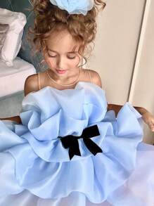 Young Girl Ruffled Bow Tulle Princess Dress For Easter, Birthday Party, Wedding, Pageant Occasions - Baby Blue - View 4