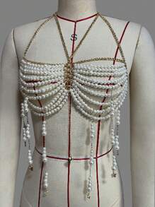 1pc Vintage Sexy Bohemian Pearl Bead Chain Fringed Necklace Backless Bikini Chain Top, Fashion Accessory Suitable For Women