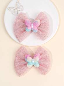 2pcs Yarn Double Layer Girls Hair Bow Clips,Fabric Butterfly Decor Hair Bows Clips For Kids,Fashion Alligator Clips Hair Accessories For Girls