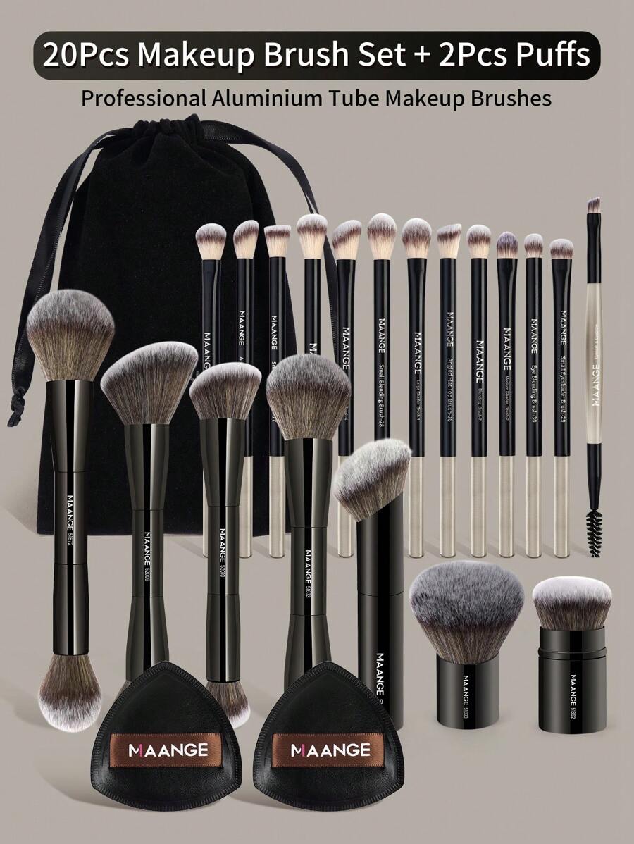 MAANGE 23 Pieces Makeup Tools Including 20 Pieces Professional Aluminum Tube Makeup Brush Set + 1 Storage Bag + 2 Pieces Air Cushion Puffs For Daily Use And Travel,Makeup Accessories Gifts For Friends ﻿ ﻿ ﻿ - 黑色 - 查看 1