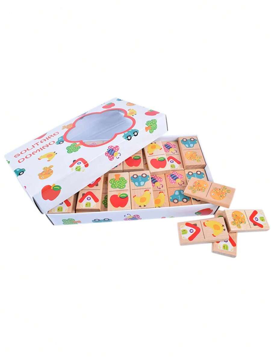 28片拼图拼板拼图益智配对积木，儿童早教启蒙玩具，幼儿园木制玩具，花园认知多米诺骨牌，多米诺骨牌配对游戏 - 彩色 - 查看 1