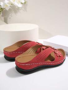 Women's Fashion Summer New Angola Red Platform Wedge Sandals, Red Criss-Cross Hollow Slippers With Metal Decor, Laser Cutting Hollow Crafted Breathable Comfortable Casual Beach Shoes For Summer Holiday