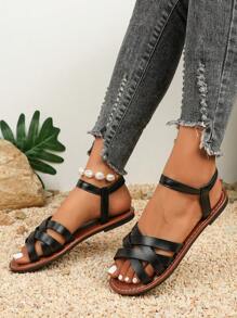 2025 Nuevas sandalias planas tejido de color café con cordones y hebilla para mujeres; Sandalias planas de mula negras con elegante para uso casual; Sandalias deslizantes de verano con punta abierta; Sandalias planas con cordones