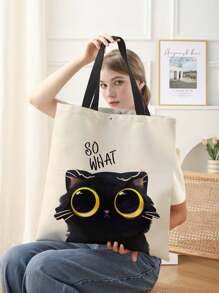 Cat Pattern Double-Sided Printed Linen Shoulder Tote Bag Shopping Bag Shoulder Bag Casual Travel Beach Bag Large Capacity Reusable Shoulder Shopping Bag