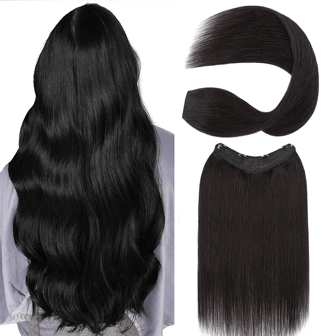 一体式接发 3/4 全头升级版 V 形纬发接发夹 自然黑色 18 英寸