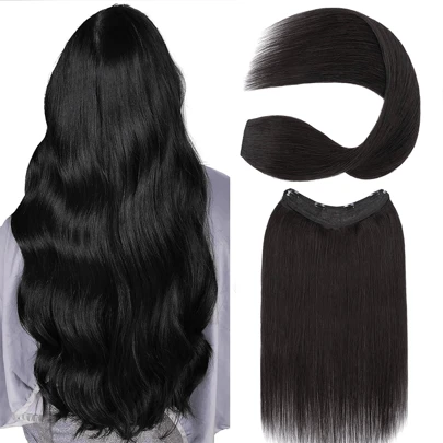 一体式接发 3/4 全头升级版 V 形纬发接发夹 自然黑色 18 英寸