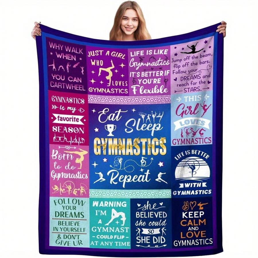 1pc [Everyday Comfort] Ultra Soft Gymnastics Flannel Throw Blanket – Cozy, Lightweight, 280gsm Polyester, Mixed Color Design With Inspirational Quotes, Perfect Gift For Gymnasts, Gymnastics Blanket
