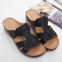 SMajong Women's Wedge Heel Thick Sole Sandals, Retro Summer Shoes, Women's Casual Thick Sole Sandals, Non-Slip Beach Sandals, Leather Slippers, Fashionable And Versatile - 藏蓝色 - 查看 3