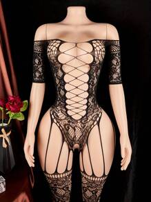 1 Piece Sexy Lingerie,Sexy Pajamas Jumpsuit With Fishnet Socks - Complex Jacquard And Hollow Design - Translucent Mesh, Perfect For Romantic Nights And Valentine's Day Gifts, Lingerie Set - Black - View 1