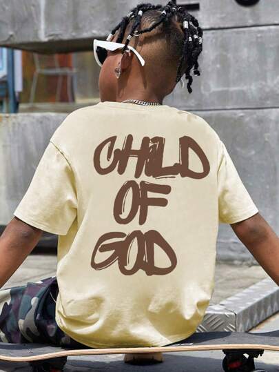 Tween Boy 1pc Casual Letter Print Crew Neck Short Sleeve T-Shirt, Summer Apparel - English Graphic Tee For Every Explorer