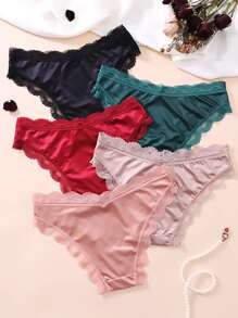 5pcs Elegant High-Waist Bikini Panties For Women, Seamless Knit Fabric With Contrast Lace & Bow Detail, Soft & Comfortable, Assorted Solid Colors (Black, Red, Green, Beige, Light Pink) - Hand Wash Or Dry Clean - 混合顏色 - 查看 7