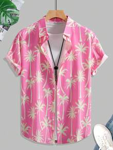 Men's Casual Coconut Tree Print Short Sleeve Shirt, Summer Holiday Hawaiian Style - Pink - View 1