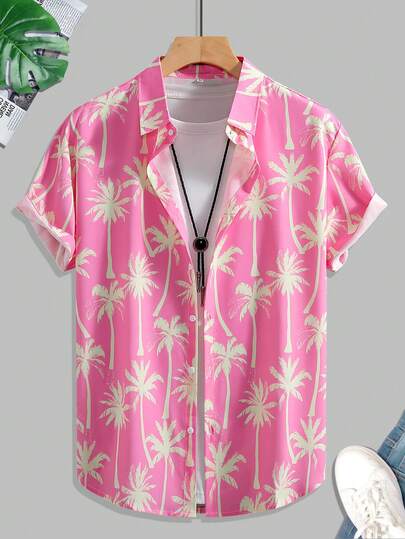 Men's Casual Coconut Tree Print Short Sleeve Shirt, Summer Holiday Hawaiian Style