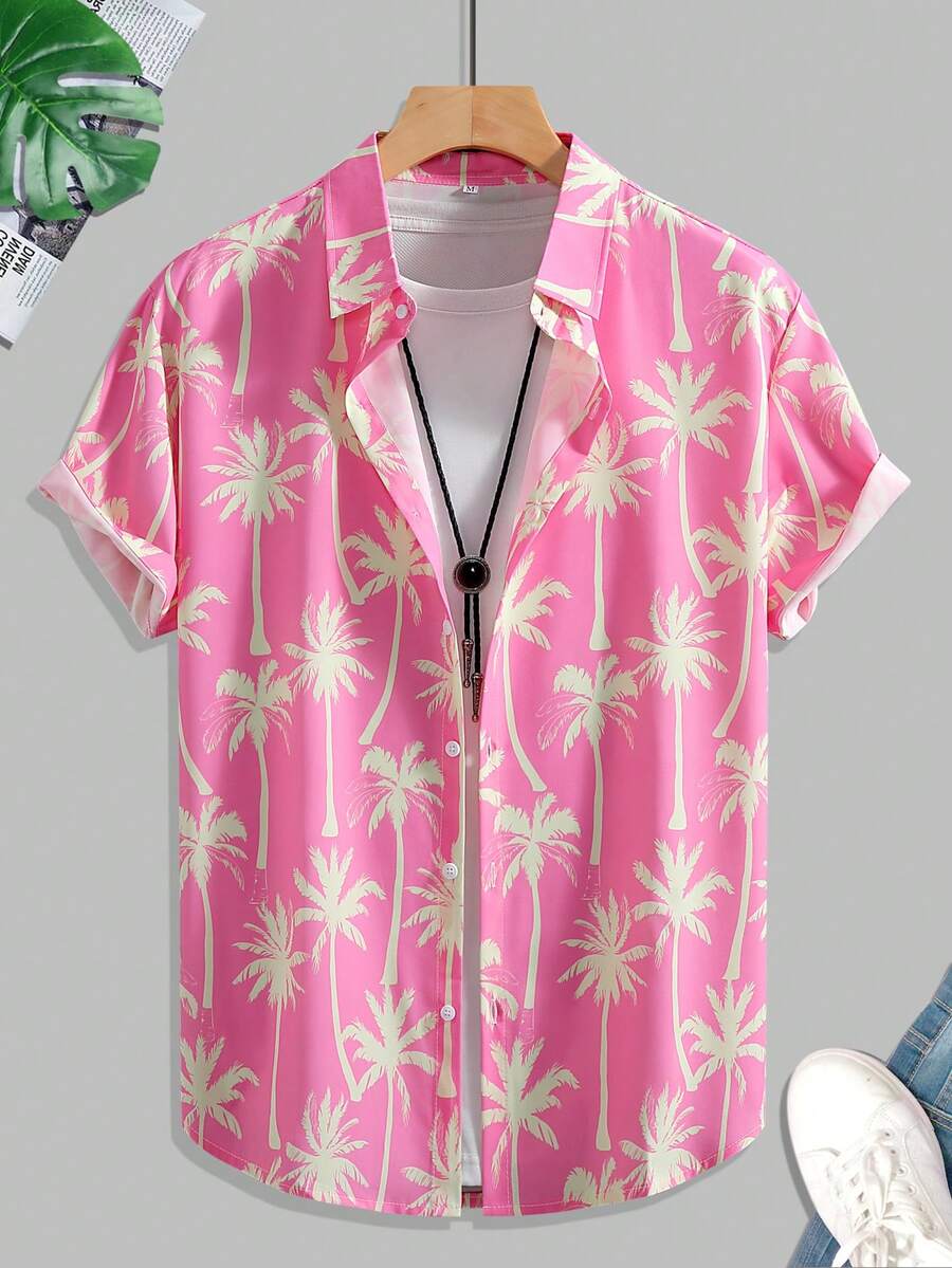 Men's Casual Coconut Tree Print Short Sleeve Shirt, Summer Holiday Hawaiian Style - Pink - View 1