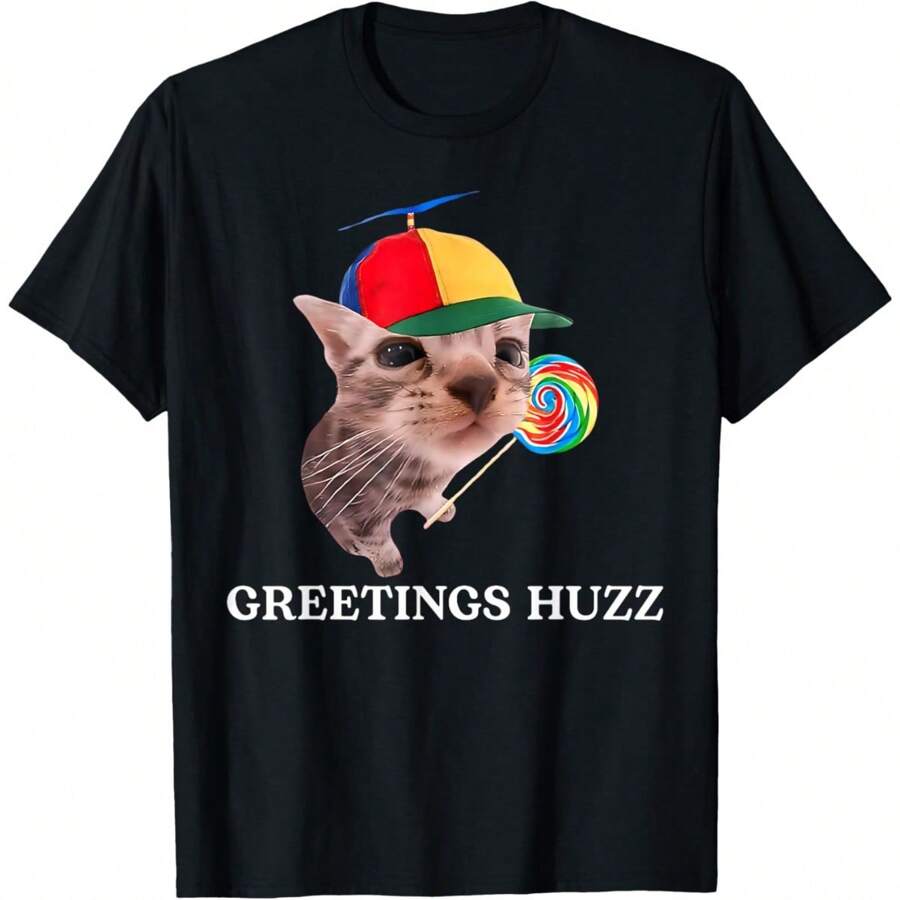 Greetings Huzz Funny T-Shirt, Humor Shirt For Cat Lover, Short Sleeve Tee For Men Women, Top Shirt Gift For Boyfriend Husband - 黑色 - 查看 1