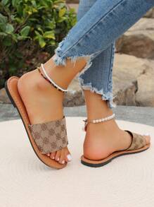 Women Casual Round Toe Plum Blossom Design Slip-On Flat Slippers