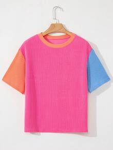 Áo thun nữ tay ngắn cổ tròn phối màu kẻ sọc, kiểu dáng thường ngày, thích hợp cho mùa hè. - Nhiều màu - Xem 1