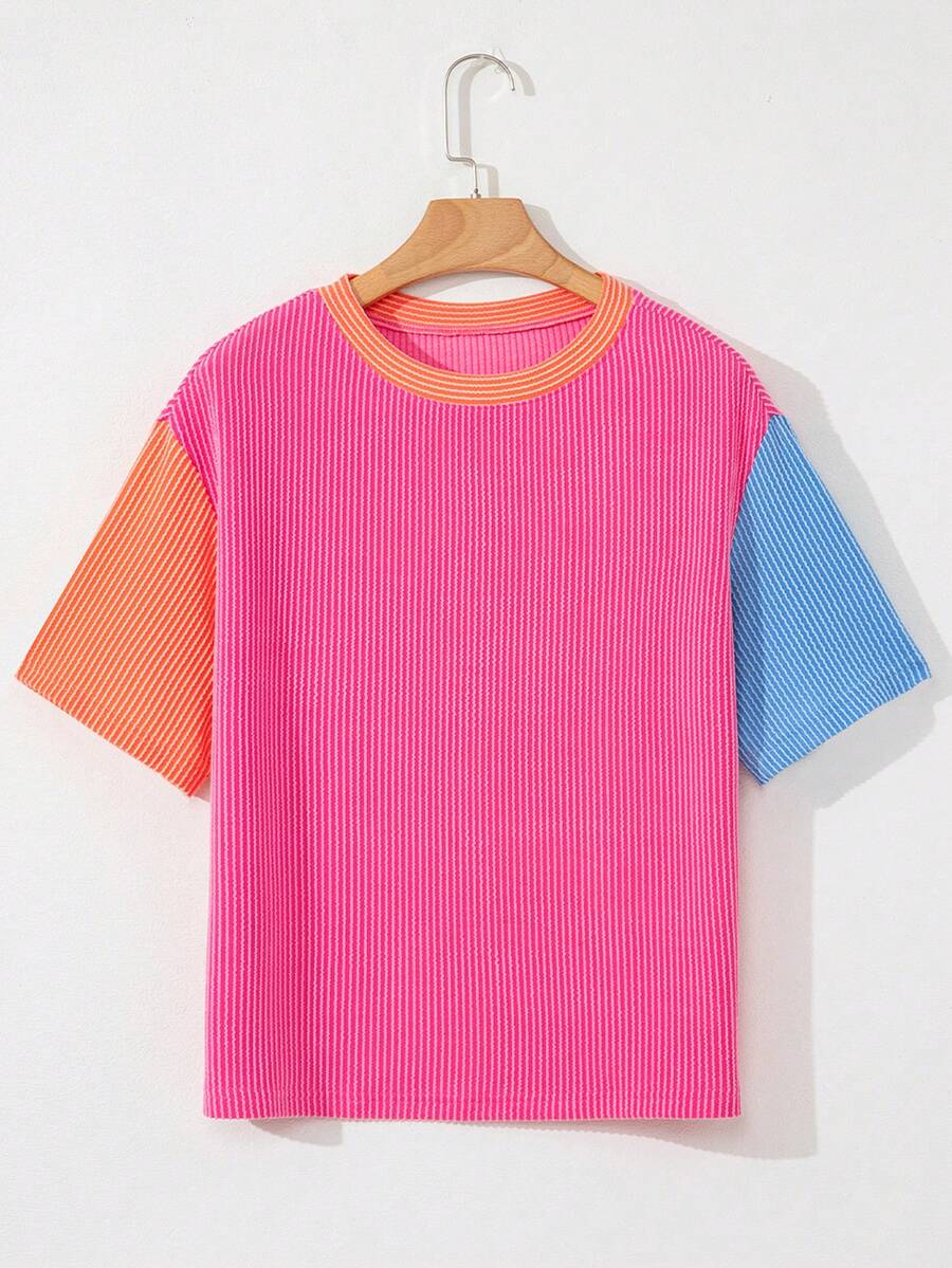 Áo thun nữ tay ngắn cổ tròn phối màu kẻ sọc, kiểu dáng thường ngày, thích hợp cho mùa hè. - Nhiều màu - Xem 1