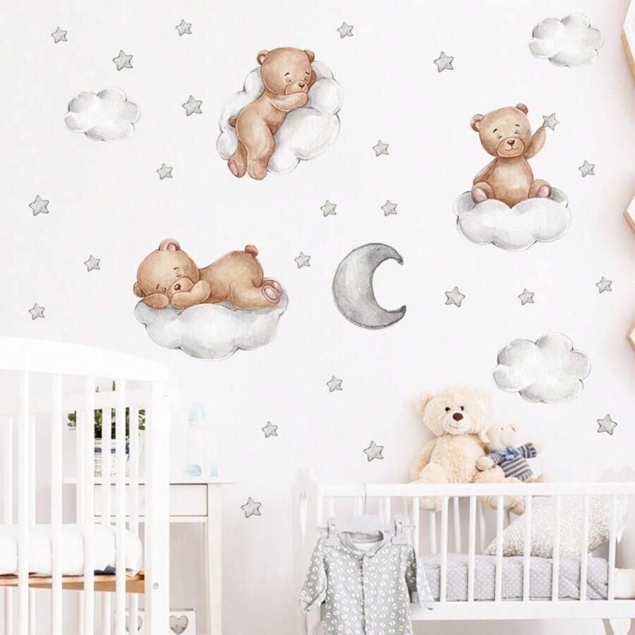 1pc Cute Sleeping Baby Beer Wall Stickers, Moon And Stars DIY Art Wall Decals Removable Vinyl Peel And Stick For Boys Or Girl Kids Baby Nursery Bedroom Toddler Room Kindergarten Decorations