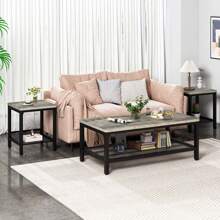 Coffee Table Set Of 3, Industrial Coffee Table With 2 Square End Side Tables, Living Room Table Set With Metal Frame For Apartment Home Office - Xám - Xem 2