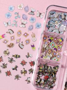 A Box Of Mixed Insect And Animal Wood Pulp Nail Ornaments, Spring Simple Nail Decoration Small Accessories, Women Choose Flowers And Animals Mixed Ornaments