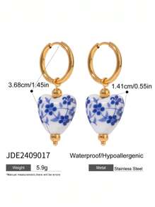 Uworld 1 par de pendientes de mujer en estilo retro chino de cerámica azul con forma de corazón y estampado, chapados en oro de 18K en acero inoxidable que imitan la porcelana Qinghua, para uso diario, fiestas, vacaciones, etc.