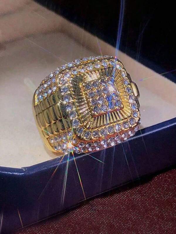 1 anel de sinete luxuoso com strass, estilo hip-hop, ousado, ideal para noivado e casamento para homens