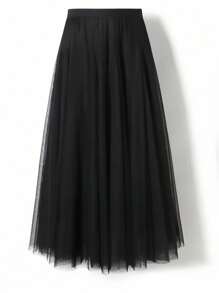 1pc Fluffy Black Tulle Maxi Skirt, Elegant Pleated Skirt, Women Ballroom Dance Dress, Female Skirt