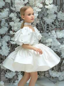 Tween Girl Pearl Puff Sleeve Bow Graduation Party White Dress, Elegant Princess Dress Suitable For Girls Dresses, Birthday Party, Teenage Formal Dress, Flower Girl Wedding Gown, Holiday Celebration