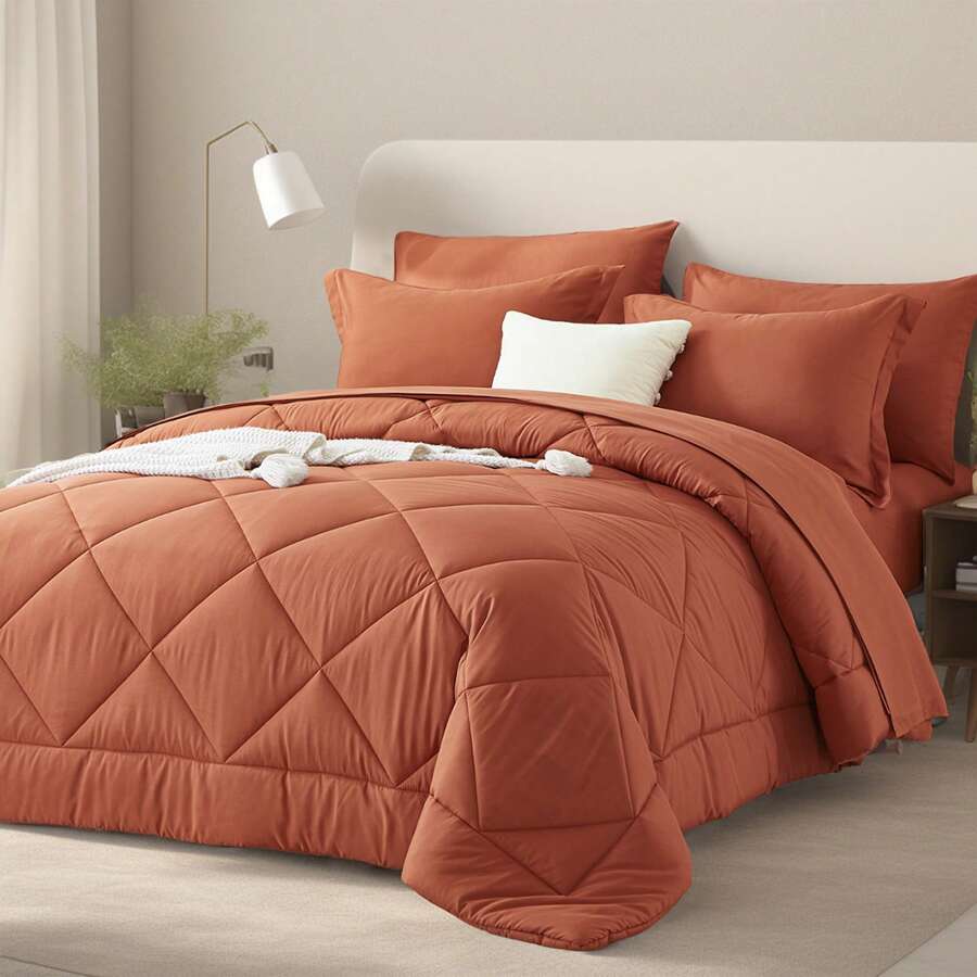 5/7 Piece Solid Color Bed Comforter Set Queen, Creative Geometric Pattern Design, Soft And Comfortable Summer Bedding Set.Bed In A Bag For All Seasons, Includes Comforter, Flat Sheet, Fitted Sheet, Pillowcases,  Ideal Gift.