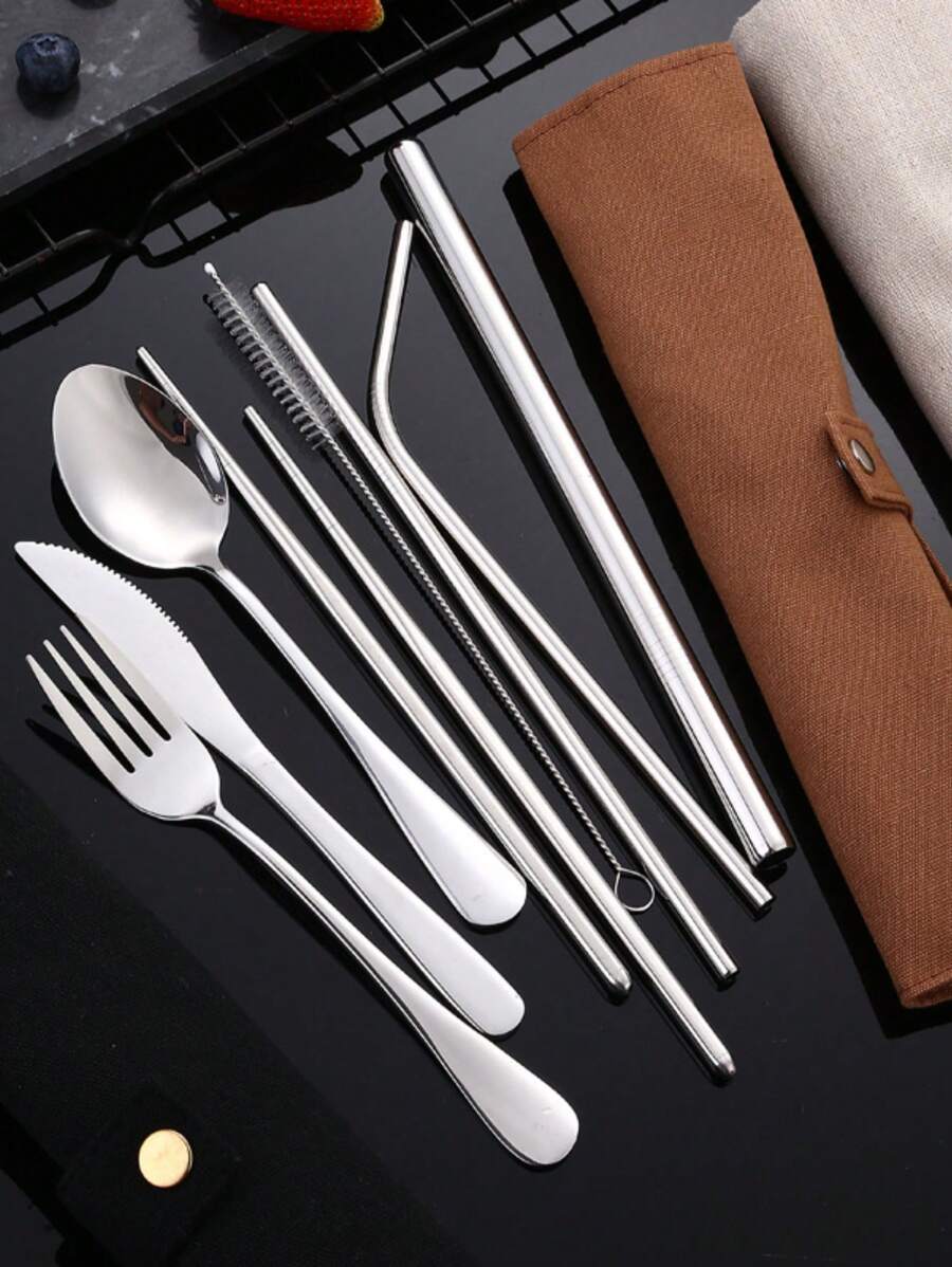 7pcs Stainless Steel Cutlery Set: Knife, Fork, Spoon, Straw, Chopsticks, Spoon, Portable Tableware Set