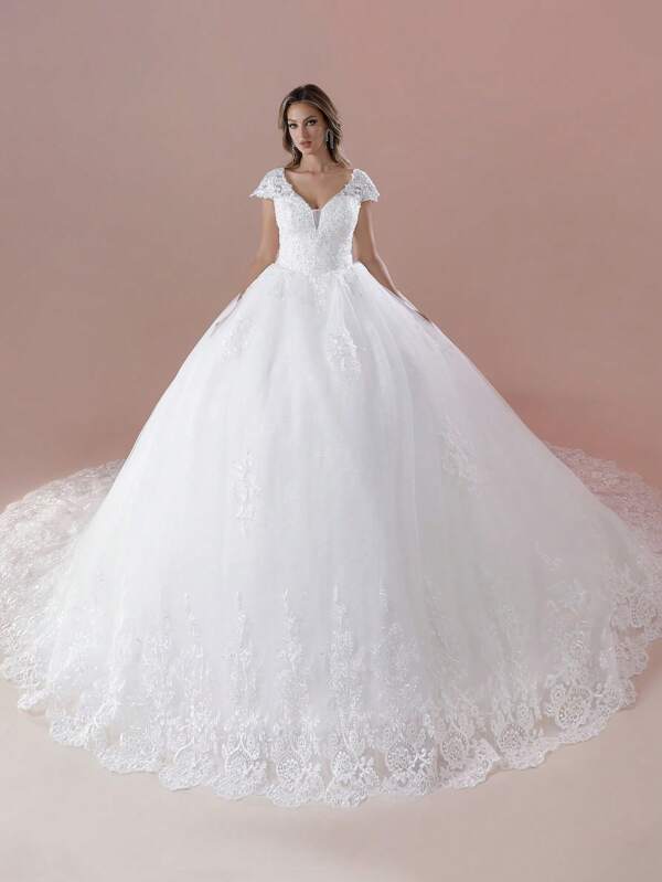 Elasola Elegante abito da sposa con maniche a cappuccio, scollo a V, decorato con perline e applicazioni, a palloncino (il copripettorina non è incluso), per la sposa