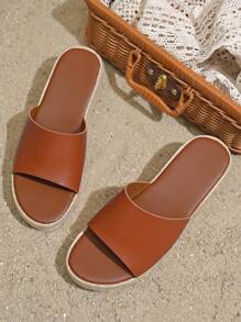 Women's Vacation Platform Sandals, Single Strap, Straw Sole, Wedge Heel, Wide Fit