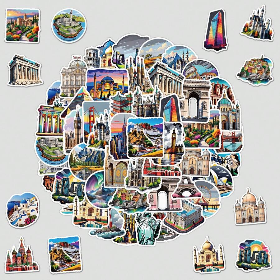 50PCS World Landmark Attractions Stickers Vinyl Aesthetics Stickers Scrapbooking, Diary, Bumper, Skateboard, Water Bottle, Cartoon, Hard Hat, Car Stickers And Decals