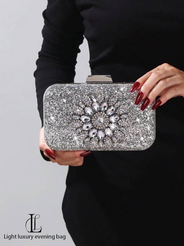1 pieza Bolso de noche de mujer decorado con lentejuelas brillantes, bolso de hombro/cruzado cuadrado de cadena metálica, glamoroso para bodas, fiestas, bailes de gala, clubes, cumpleaños, San Valentín, neceser, accesorio de vestir